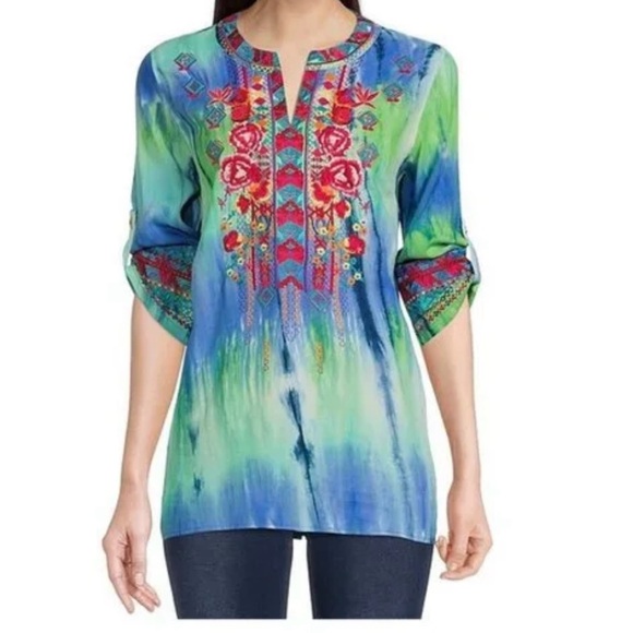 Calessa Embroidered Green and Blue Women's Top - Picture 1 of 10